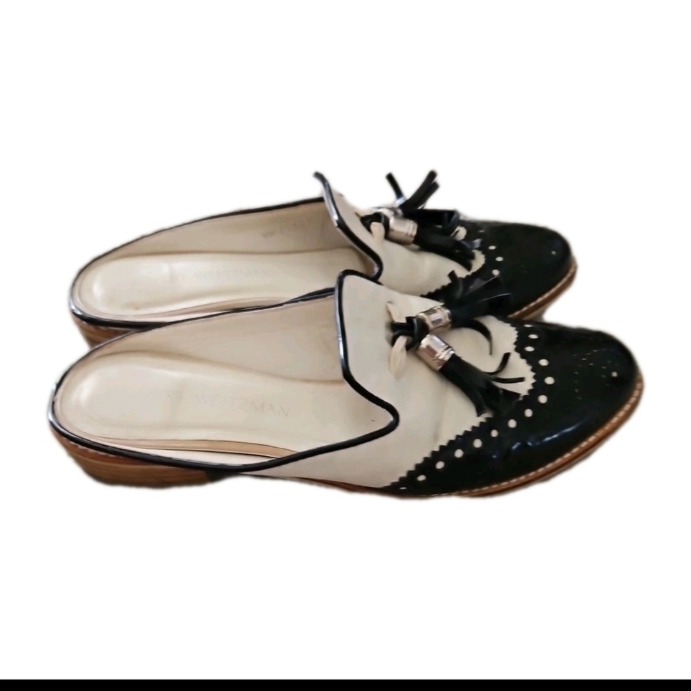 Stuart Weitzman Womens Black And White Mulething Brogue Leather Designer Mules 8 - Picture 3 of 14